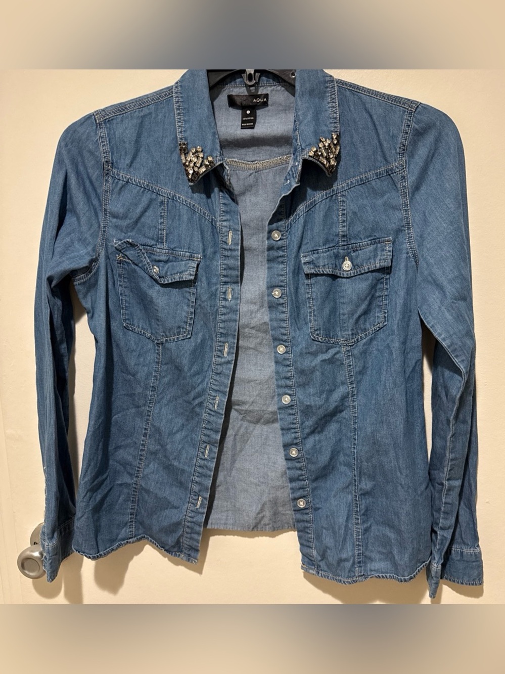 Aqua Denim Button-Front Jean Jacket with Jeweled Collar